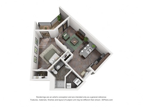 Floor plan for studio, 1 bath, 587 sqft